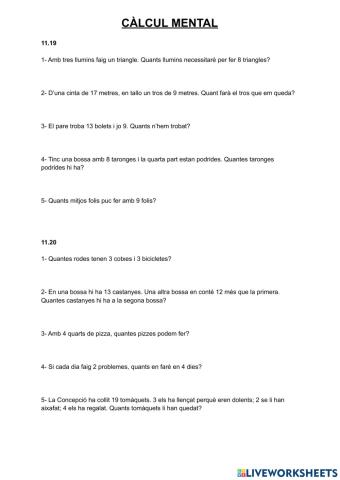 Càlcul mental quinzet 11.19 i 11.20