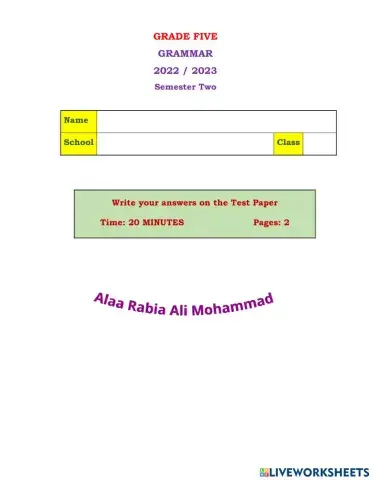 Grade 5 Grammar Exercises S 2