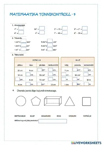 Ümbermõõt, pindala, teisendamine