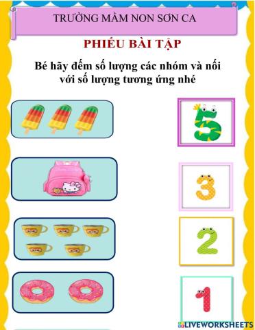 Bé hãy đếm số lượng các nhóm và nối với số lượng tương ứng nhé