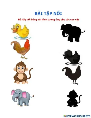 Bé hãy nối bóng với hình tương ứng cho các con vật