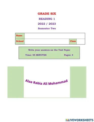 Grade 6 Reading 1 S 2