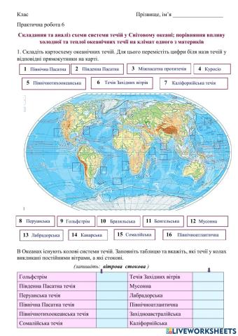 11 клас Складання та аналіз схеми системи течій у Світовому океані- порівняння впливу холодної та теплої океанічних течії на клімат