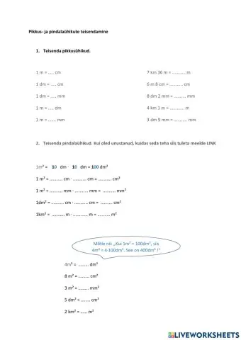 Pikkus- ja pindalaühikute teisendamine, 4. klass