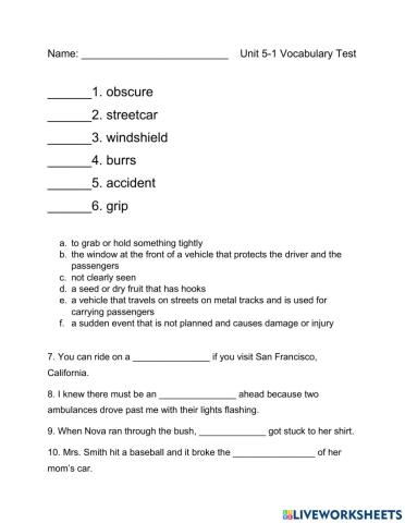 Unit 5-1 vocabulary test