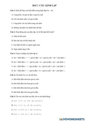 Tin 8 - Trắc nghiệm  For-do - NNLT Pascal