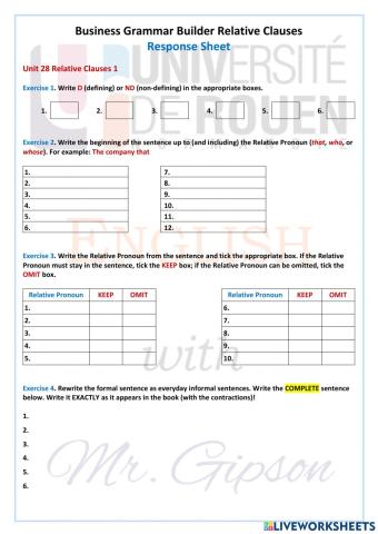 Business Grammar Builder B1 Relative Clauses Response Sheet