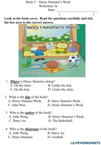 5a Book Cover Worksheet