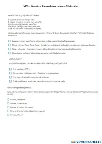 XIX a. literatūra. Romantizmas. Adomas Mickevičius