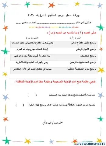 ورقة عمل درس تحقيق الرؤية 2030 سادس