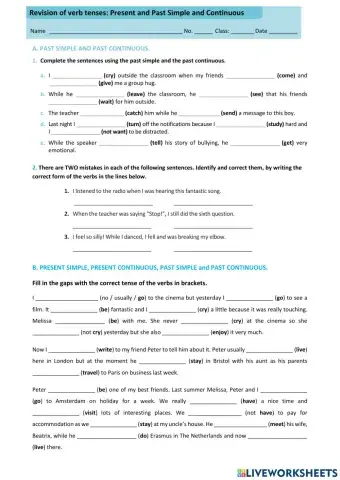 Tenses: Present and Past Simple- Present and Past Continuous