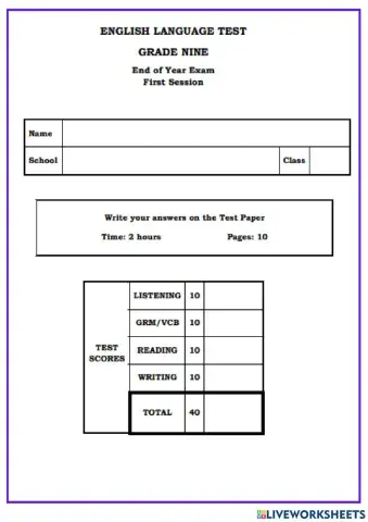 Grade 9 The English Language Test N0. 1