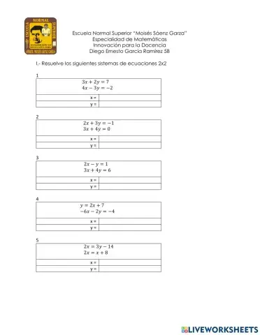 Hoja de trabajo sistema de ecuaciones 2x2