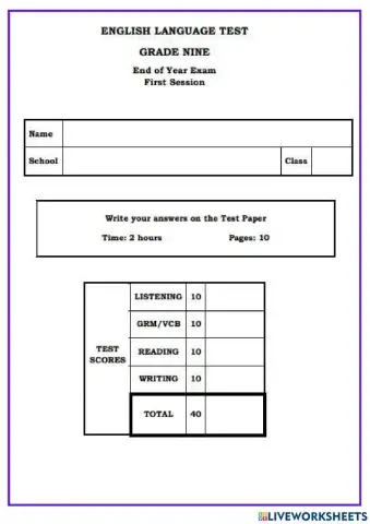 Grade 9 English Language Test No. 3
