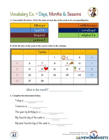 Vocabulary Ex.: Days, Months and Seasons
