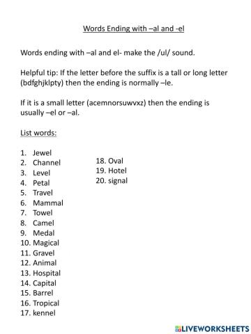 Words ending in -al and -el