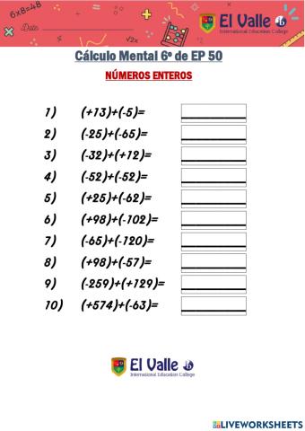 Cálculo Mental 6º de EP 50