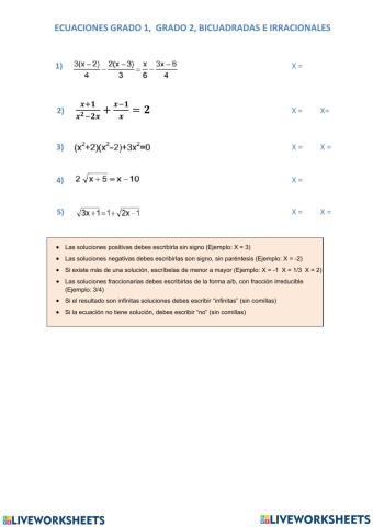 Ecuaciones polinómicas, bicuadrada, racional, irracional