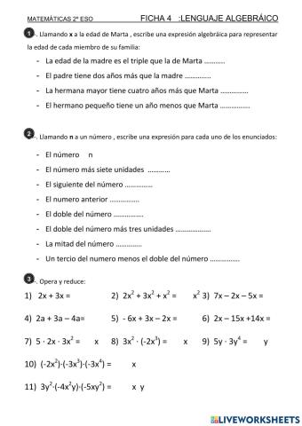 Ficha lenguaje algebraico
