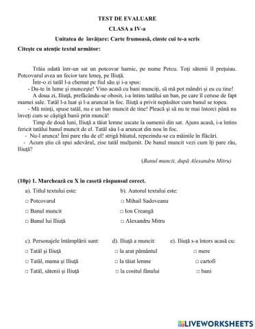 Test de evaluare, clasa a IV-a