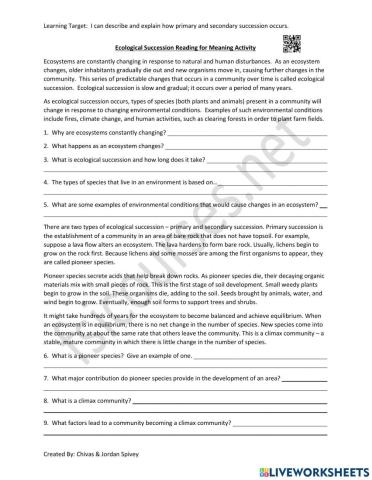 Ecological Succession Reading for Meaning Activity