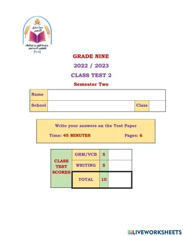 Grade 9 Class Test 2 S 2