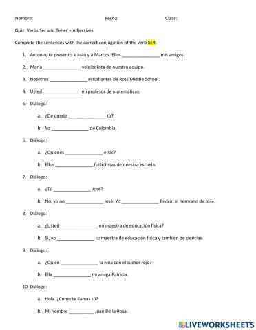 Spanish Verbs Ser and Tener + Adjectives