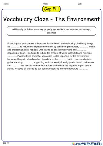 Vocabulary Cloze - The Environment 1