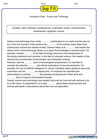 Vocabulary Cloze - Science & Tech