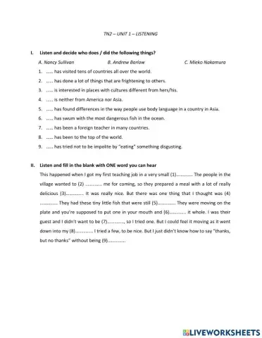 TN2 - Unit 1 - Listening extra