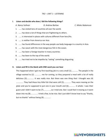 TN2 - Unit 1 - Listening extra