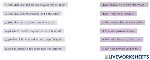 B1 Pronombres de objeto: une la pregunta con la respuesta correcta