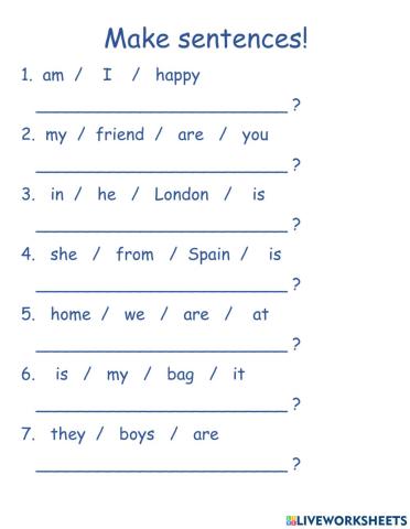 Make sentences (questions) present simple to be am is are