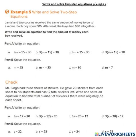 Write and solve two step equations p(x+q) - r