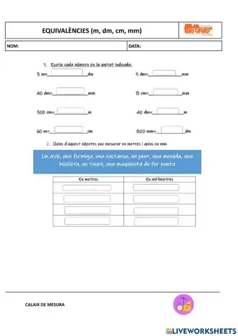 EQUIVALÈNCIES (m, dm, cm, mm)