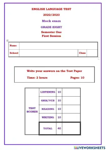 Grade 8 The English Language Test ( 1 ) S 1