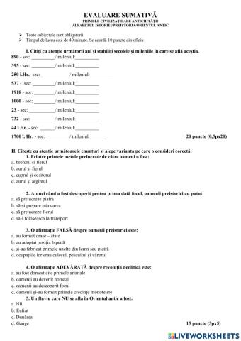 Evaluare sumativa-Alfabetul istoriei-Preistoria-Orientul antic