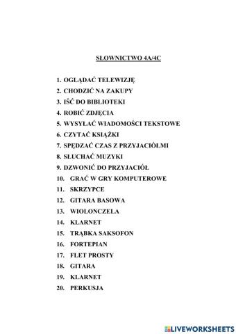 Kartkówka IV instrumenty muzyczne