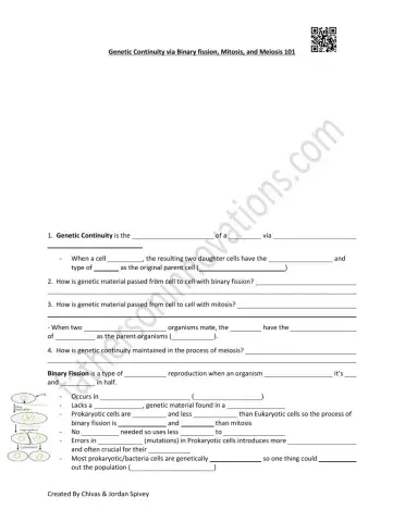 Genetic Continuity via Binary Fission, Mitosis, & Meiosis Video Notes
