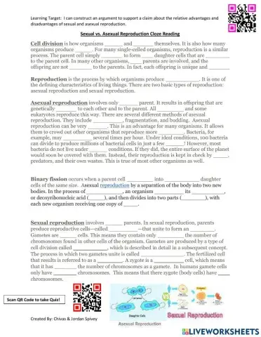 Biology Milestones Prep - Sexual vs. Asexual Reproduction Cloze Reading