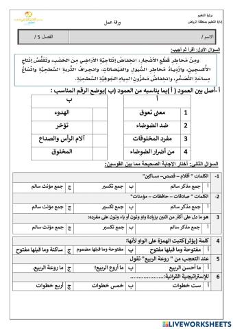 ورقة عمل مراجعة اختبار