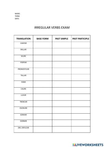 Irregular verbs exam