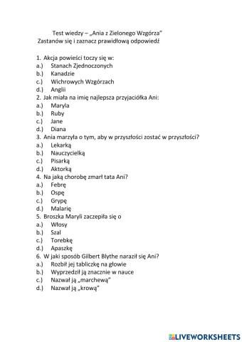 Test wiedzy - Ania z Zielonego Wzgórza