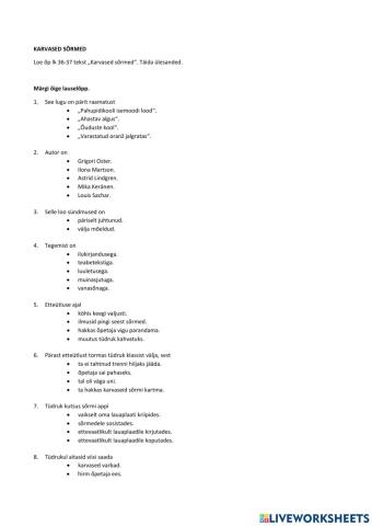 Lugemisülesanne -Karvased sõrmed-, tekst 4.kl Avita õpik lk 36-37