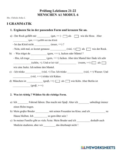 Prüfung Lektionen 21 und 22 A1