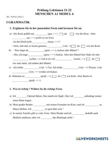 Prüfung Lektionen 21 und 22 A1