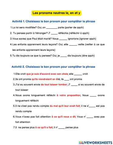 Les pronoms neutres le, en et y