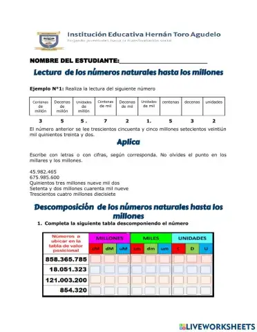 Lectura y valor posicional millones