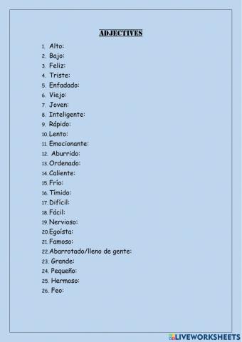 Vocabulary adjectives Yan
