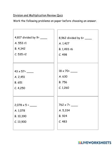 Long Division and Multiplication Review